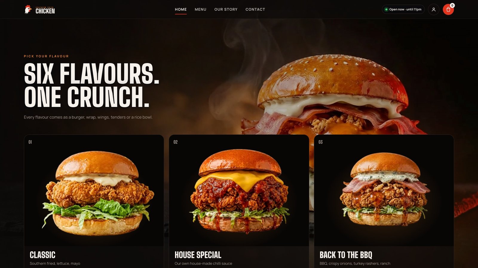 Six flavours, one crunch section with burger cards