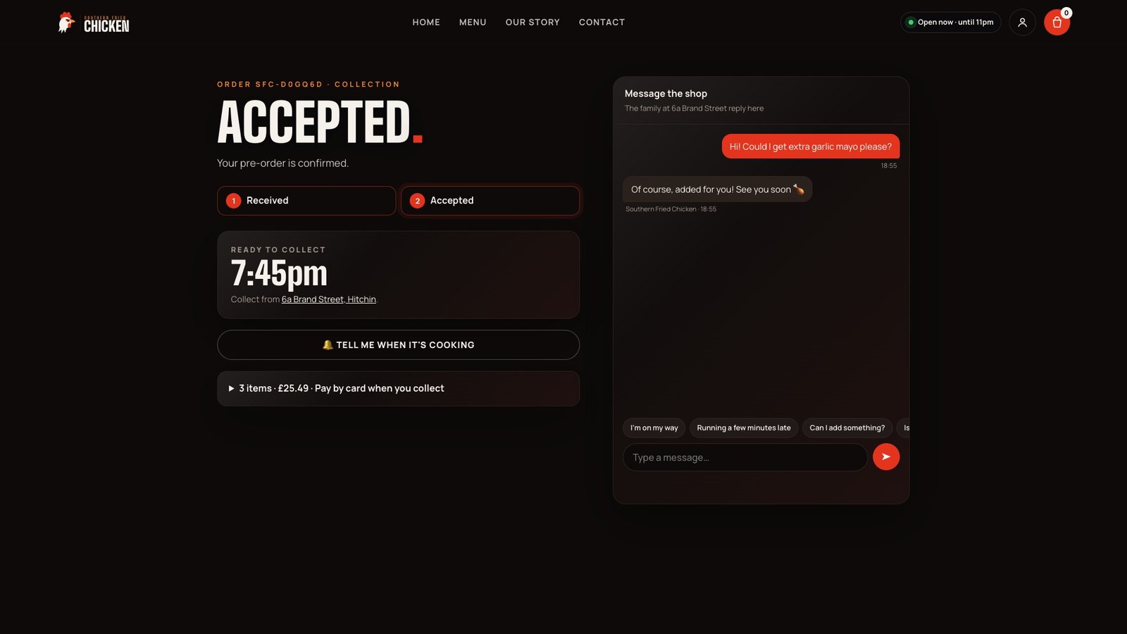 Order accepted tracking page with ready time and live chat
