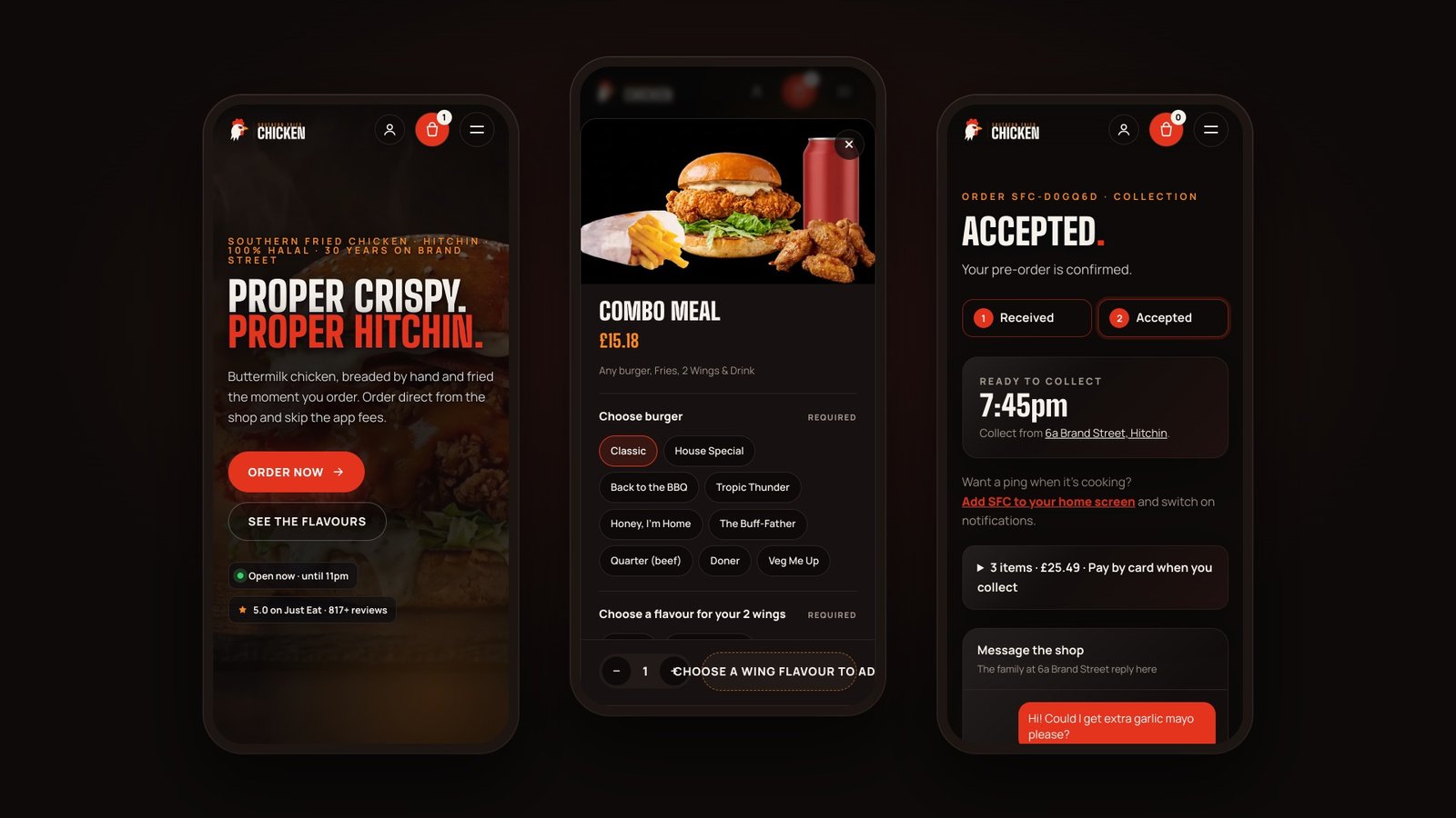 Three phone screens: homepage, combo meal and order accepted